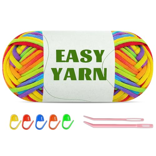 1 Pack Easy Yarn, Regenbogengarn für Anfänger, Farbverlauf Dickes Garn zum Häkeln Kein Geteiltes Garn, Klobiges Baumwollgarn Easy Yarn mit Häkelnadel Garn Zum Häkeln mit Häkelzubehör von Riddur