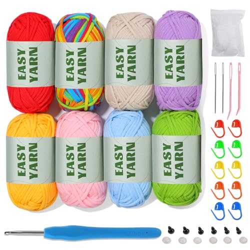 Riddur 8 Stück Easy Yarn für Anfänger, 8x50g Dickes Garn zum Häkeln, Baumwolle zum Häkeln Dickes Garn, Häkeln Kein Geteiltes Garn, Tshirt Garn zum häkeln Leicht zu erkennende Stiche von Riddur