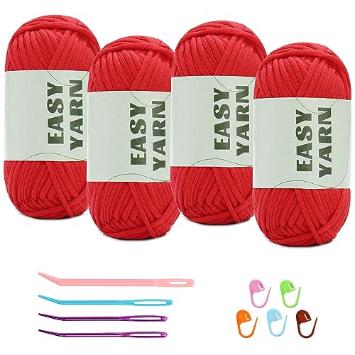 4 Stück Rotes Garn, Häkel- und Strickgarn für Anfänger, gut Sichtbare Maschen, Grobes, Dickes Baumwoll-Nylon-Mischgarn, Garn Zum Häkeln mit Häkelzubehör (4 X 50 g) von Riddur