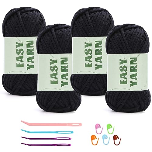 4 Stück Schwarzes Garn, Häkel- und Strickgarn für Anfänger, gut Sichtbare Maschen, Grobes, Dickes Baumwoll-Nylon-Mischgarn, Garn Zum Häkeln mit Häkelzubehör (4 X 50 g) von Riddur