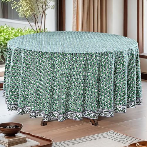 Ridhi Basil Green Tischdecke, 100 % Baumwolle, rund, Handblockdruck, waschbar, wiederverwendbar, Tischdecke, Bauernhaus-Partys, Buffet, Esszimmer, Hochzeiten, Land, Französisch, Ostern, Sommer, von Ridhi