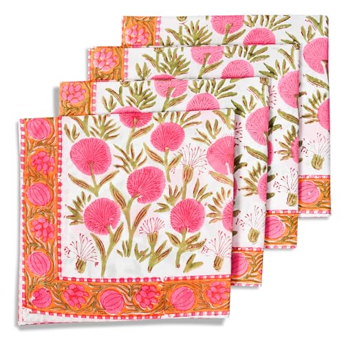 Ridhi Küchentücher mit Handblockdruck, Tischdekoration, 50,8 x 50,8 cm, Blumenmuster, 4 Stück, waschbar, Boho-Baumwolle, quadratisch, Flamingo, rosa Rand, Serviette für Esszimmer, Hochzeit Ridhi Küchentücher mit Handblockdruck, Tischdekoration, 50,8 x 50,8 cm, Blumenmuster, 4 Stück, waschbar, Boho-Baumwolle, quadratisch, Flamingo, rosa Rand, Serviette für Esszimmer, Hochzeit von Ridhi