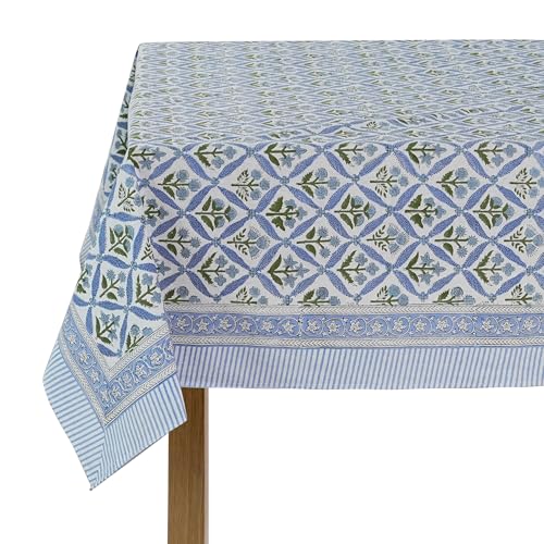 Ridhi Tischdecke, rechteckig, 100 % Baumwolle, Handblockdruck, waschbar, Halloween, Thanksgiving, Weihnachten, Partys, Hochzeiten, Herbstdekoration, Bauernhaus, Esszimmer, Abendessen, Stahlblau, 152,4 von Ridhi