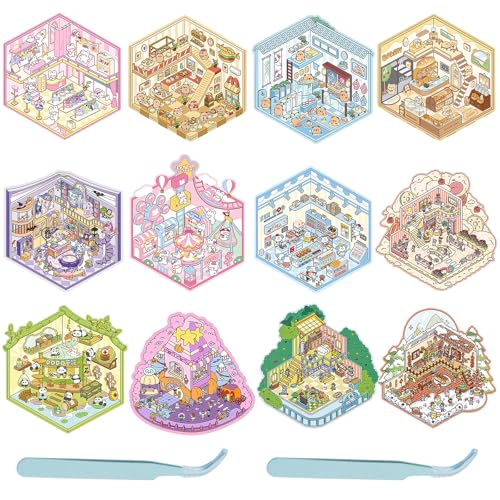 12 Sets DIY 3D House Stickers,Sticker Room Book,Fun DIY Stickers Scene,Wiederverwendbar DIY 3D Hausaufkleber Set,Bauen Sie Ihr Eigenes Zuhause,für Kinder Erwachsene,mit 2 Pinzetten von Rienan