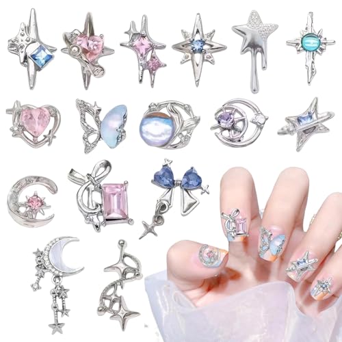 16 Stück Luxus Mond Stern Nagel Charms,Y2k Legierung Strasssteine Bogen,3D Dreidimensionale Nail Charms,Schmetterlings-Stern-Strasssteine für Damen-Mädchen-Nägel zum Selbermachen von Rienan