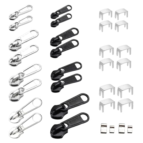 16-Teiliges Set Reisverschluss-Zipper Groß Ersatz Zipper für Reißverschlüsse Abnehmbar Schieber Reißverschluss und Vierzackiger Code für Jacken, Rucksäcke, Gepäck (Silber/Schwarz) von Rienan