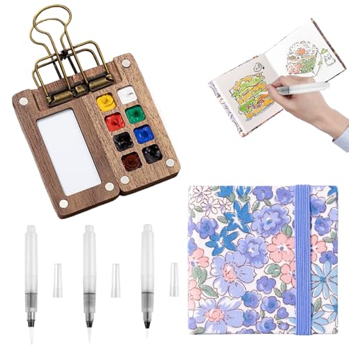 Mini Aquarellkasten, Mini Aquarell Set Mini Palette Aquarell Reise Set 8 Grids Mini Holz Reise Malpalette Malkasten mit Binder-Clips Handgefertigtes Aquarell-Skizzenbuch Pocketartist Travel Set von Rienan