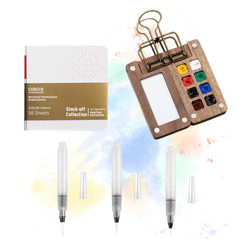 Mini Palette,Mini Aquarell Set Mini Aquarellkasten 8 Grids Mini Holz Reise Malpalette Malkasten Zusammenklappbare Portable Aquarell Reise Set, mit Buch und Wasserstift für Maler Künstler Studenten von Rienan