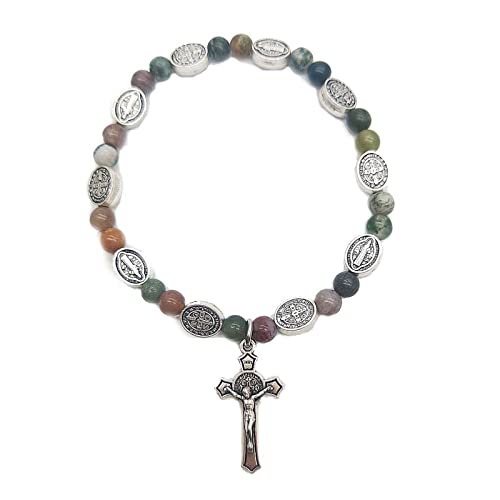 Riiichflowshop Vintage-Armbänder zum Katholizismus handgefertigt bunt Naturstein-Achat Rosenkranz Perlen Kreuz-Charm-Armband Schmuckzubehör Achatlegierung von Riiichflowshop