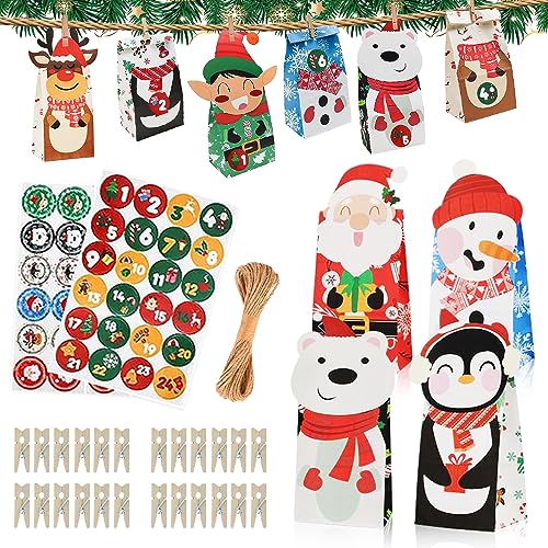 Riisoyu 24pcs Adventskalender zum Befüllen, Weihnachten Adventskalender Tüten Mehrzweck DIY Geschenktüten Weihnachten mit Dekotüten Zahlensticker tüten Cartoon DIY-Kartonstücke Holzklammern Juteseil von Riisoyu