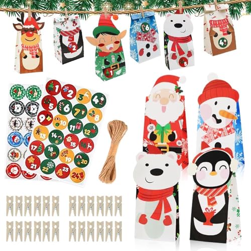 Riisoyu 24pcs Adventskalender zum Befüllen, Weihnachten Adventskalender Tüten Mehrzweck DIY Geschenktüten Weihnachten mit Dekotüten Zahlensticker tüten Cartoon DIY-Kartonstücke Holzklammern Juteseil von Riisoyu