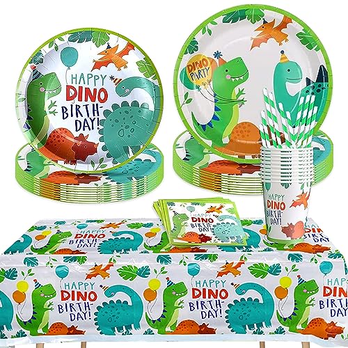 Riisoyu 61 Stück Dinosaurier Party Geschirr Set, Dinosaurier Deko Geburtstag Set, Dinosaurier Pappteller Becher Servietten Tischdecke für Kindergeburtstag, dino Party Deko, Serviert 10 Gäste von Riisoyu