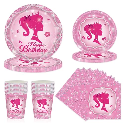 Riisoyu 68 Stück Bar-bie Partygeschirr Geburtstag, Barbiprinzessin Kindergeburtstag Teller Serviette Becher Rosa Prinzessinnen Tischdeko Party Hotpink Partygeschirr-Set für Mädchen Grill Hochzeit von Riisoyu