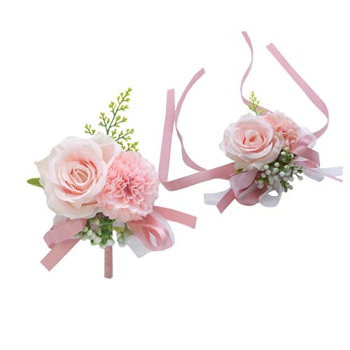 2 Stück Blume Handgelenk Corsage Boutonniere Set, 7,6 cm künstliche Rose und Nelke Handgelenk Corsage handgefertigte Seide Blume für Hochzeit Blumen Accessoires Abschlussball Anzug Dekor (Rosa) von Rikyo