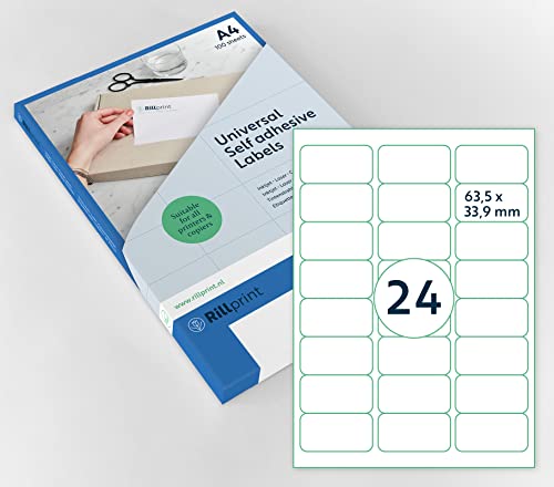 Rillprint Vielzweck Etiketten Selbstklebend - 2400 Stück – 63.5 x 33.9 mm - 24 Klebeetiketten pro A4-Blatt - Bedruckbar & Abziehbar - Universal Adressaufkleber - 100 Blatt, Weiß von Rillprint