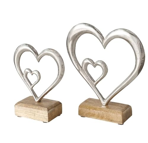 RiloStore 2er Set Aufsteller Herz Silber Farben Aluminium vernickelt Dekoherzen Liebe Geschenk Verliebte Dekoherzen Tischdeko Hochzeitsdeko Mangoholz von RiloStore