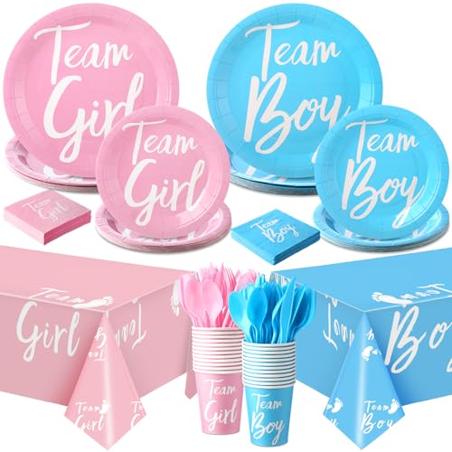 RimCereal 122-teiliges Partyzubehör für Jungen oder Mädchen, Einweg-Pappteller, Servietten, Becher, Tischdecke, rosa und blau, Besteck-Set für Babyparty, Dekorationsideen, Geschirr-Set von RimCereal