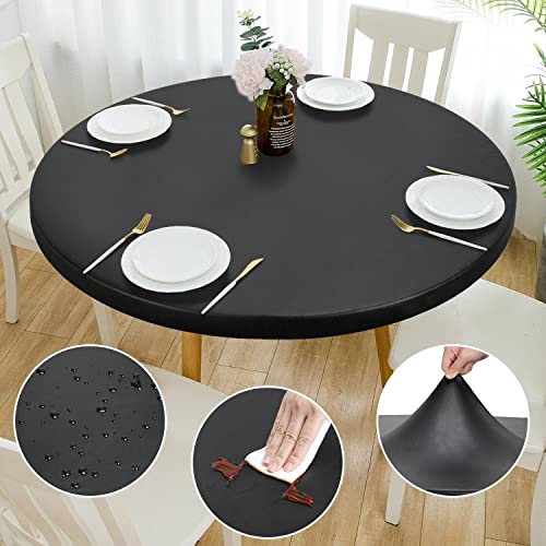 Rinpon Double Fitted Design PU Runde Fitted Tischdecke, Anti-Tear Wischbare elastische runde Tischdecke, Soft-Touch Fitted Tischdecke, wasserdichte ölbeständige Tischdecke (schwarz, 36"-39" rund) von Rinpon