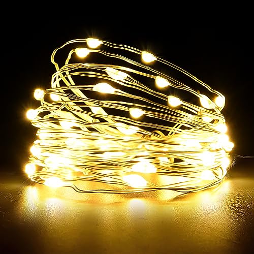 Riontto Lichterkette, 5 m, 50 LEDs, batteriebetrieben, Kupferdraht, Lichterkette für Schlafzimmer, Weihnachten, Partys, Hochzeit, Tafelaufsatz, Warmweiß (1 Stück, warmweiß) von Riontto