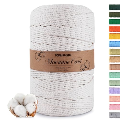 Riqiaqia Premium Makramee Garn 3mm x 200m, 100% Natürliche Baumwolle, Baumwollkordel Natur 3mm, Baumwoll Bastelschnur für Basteln Stricken Boho Deko Wandbehang Dekoration von Riqiaqia