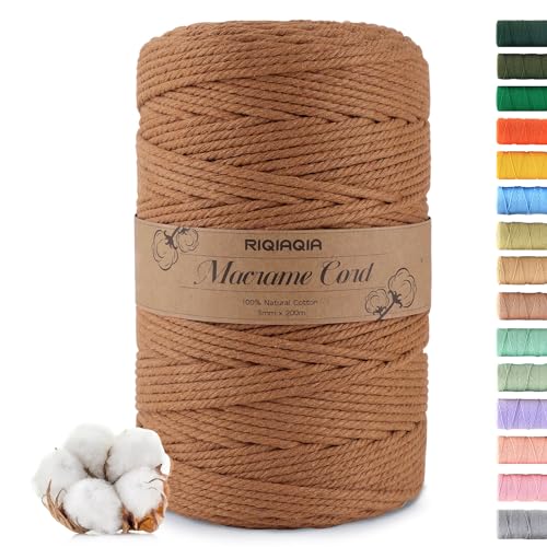 Riqiaqia Premium Makramee Garn 3mm x 200m, 100% Natürliche Baumwolle, Baumwollkordel Natur 3mm, Baumwoll Bastelschnur für Basteln Stricken Boho Deko Wandbehang Dekoration von Riqiaqia