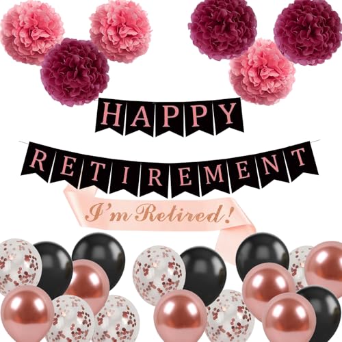 Rishafowg Ruhestandsparty-Dekorationen für Frauen, Roségoldene Ruhestandsballons mit Happy Retirement Banner, Ruhestandsschärpe, Konfetti-Luftballons, Papier-Pompons für Ruhestandsparty-Dekorationen von Rishafowg