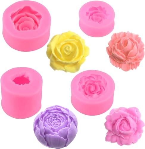 Rismise 3D Blume Silikon Seife Form 4pcs 3D Rose Blume Silikon Fondant Form Bloom Rose Form Harz Kerze Form für Kuchen Dekoration Schokolade Seife Candy Ton Lotion Bar Wachs DIY Handwerk von Rismise