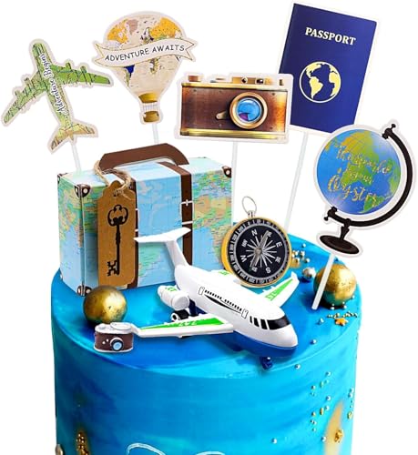 Rismise Reise-Thema Kuchen Toppers Reise Kuchen Dekoration Abenteuer Reise Kuchen Cupcake Toppers Flugzeug Karte Kamera Herz Mini Koffer Kuchen Dekorationen für Abenteuer erwartet Reisen Themed Party von Rismise