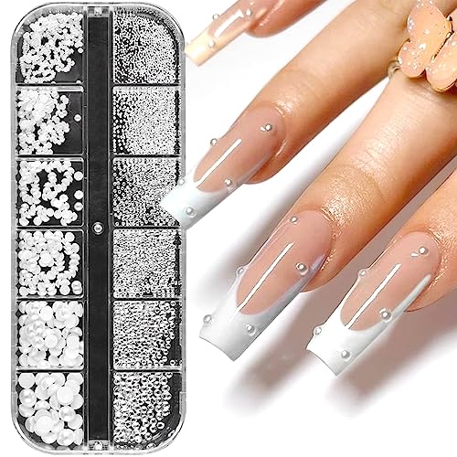 1Schachtel/12Raster Nail Art Strasssteine,Weiße Perlen Für Nägel Halbrunde Perlenkugeln Nail Charms Klein Edelstahl-Perlen, Flache Rückseite Gems,Transparenter Strass, Für Nagel, Bekleidung, DIY von Rixotix