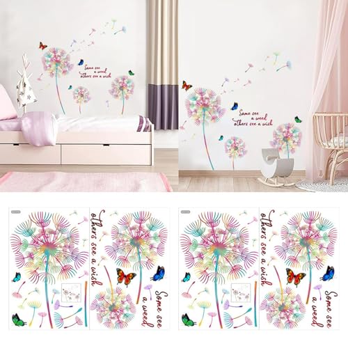 2 Sets Wandtattoo Pusteblume,Blumen Wandtattoo für Kinderzimmer Mädchen,Bunt Wandsticker Löwenzahn für Schlafzimmer,Pflanzen Blumen Wandaufkleber für Wohnzimmer Babyzimmer Küche Fenster Tür Wanddeko von Rixotix