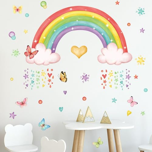 2 Stück Wandtattoo Wandaufkleber Wandsticker Große Regenbogen Schmetterling Wolke Kinderzimmer Babyzimmer Kind Baby Mädchen Wandsticker Wandbild Wanddeko Selbstklebend(Bunt) von Rixotix