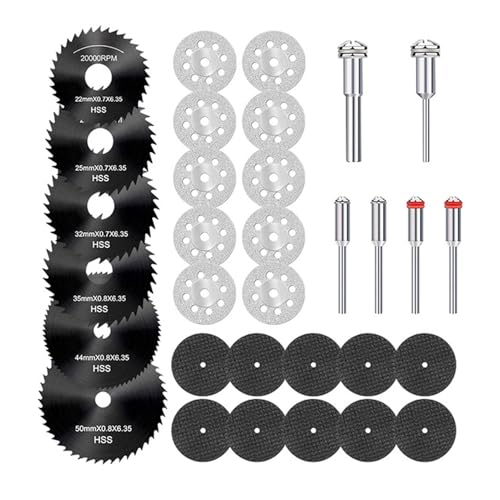 32 Stück Sägeblatt Kreissägeblatt Set, Mini Trennscheiben Kompatibel Drehwerkzeug Rotationswerkzeuge, HSS-Kreissägeblätter mit 1/8 Zoll Schaft für Holz, Metall, Plastik, Fiberglas, Stein von Rixotix