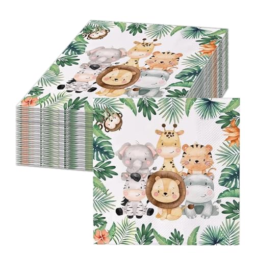 40 Stück Servietten Kindergeburtstag,Servietten Dschungel,Party Motiv Tiere,Blätter,Grün für Waldtiere Geburtstag und servietten Tiere 33x33cm Jungen Tischdeko von Rixotix