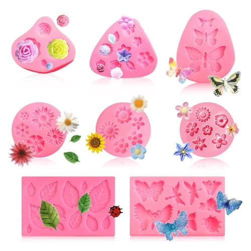 8 Stück Silikonform Blumen Mini Rosen Kleine Gänseblümchen Silikonform Fondant 3D Backform Blumenform Kuchendekoration für Schokolade Zuckerguss Gelee Kerzen Seife von Rixotix