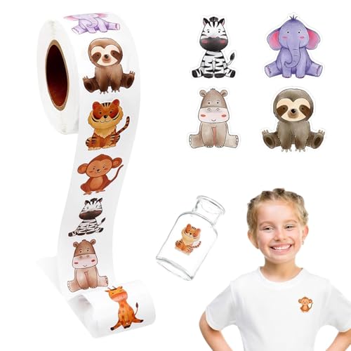 Runde Tier Aufkleber, 500 pcs/1 Rolle Tier Belohnungsaufkleber, Animal Sticker Rolle, Tieraufkleber Runde, Tier Aufkleber, Animal Sticker Kinder, Cartoon Tier Aufkleber Kinder, Tiermuster Sticker von Rixotix