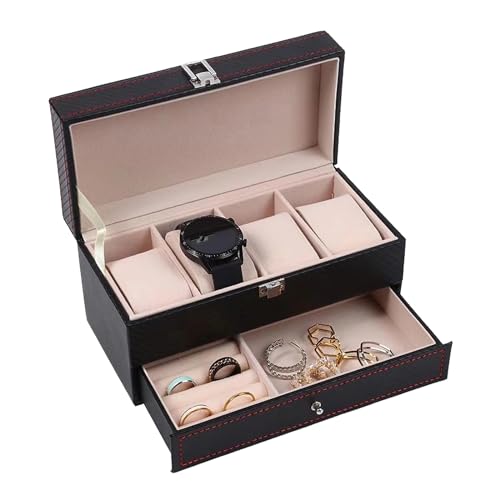 Uhren Aufbewahrungsbox, Uhrenbox mit 4 Uhren Fächer, Doppellagige Uhrenbox, Uhrenkasten für Herren Damen, Schmuckschatulle mit Uhrenfach, für Uhren, Schmuck, Ringe, Armbänder und Halsketten -Schwarz von Rkllejs