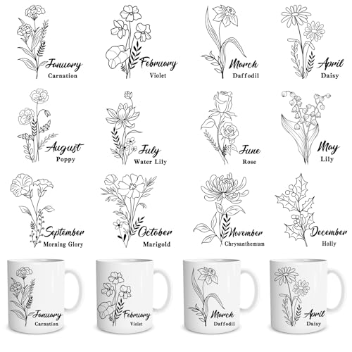 Rngmsi UV DTF Cup Wraps – 24 Blatt Geburtsblumen, UV-DTF-Becherwickel für 473 ml, Gänseblümchen, Rose, Violett, Wasserlilie, UVDTF-Cup-Wraps, personalisierte UV-DTF-Aufkleber, wasserdicht, von Rngmsi