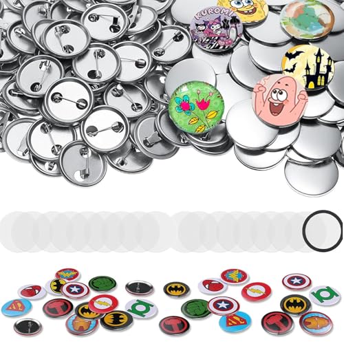 Button Maker Supplies, 100 Stück 25mm/1inch Pin Making Kit für Button Maker Maschine, Metall Button Anstecker Sets für Button Pin Maker mit Metall Shell Back Cover, Transparente Folie von Rntfunre