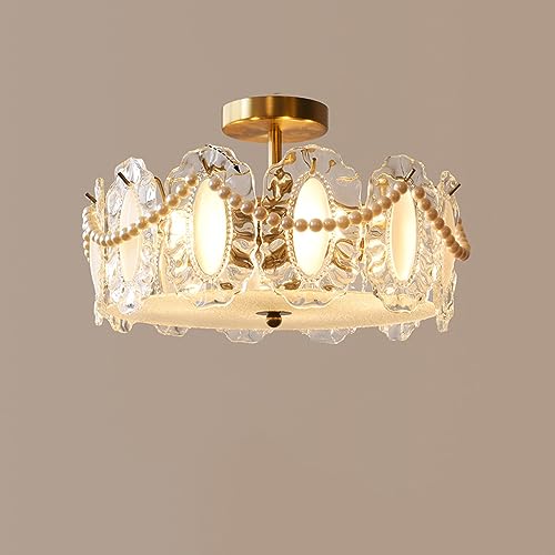 RoMuka Vintage Kristall Kronleuchter Halb Einbauleuchte Goldene Glasperle Low-Profile Deckenleuchte für Wohnzimmer Schlafzimmer Esszimmer Küche Foyer, mit Lampen von RoMuka