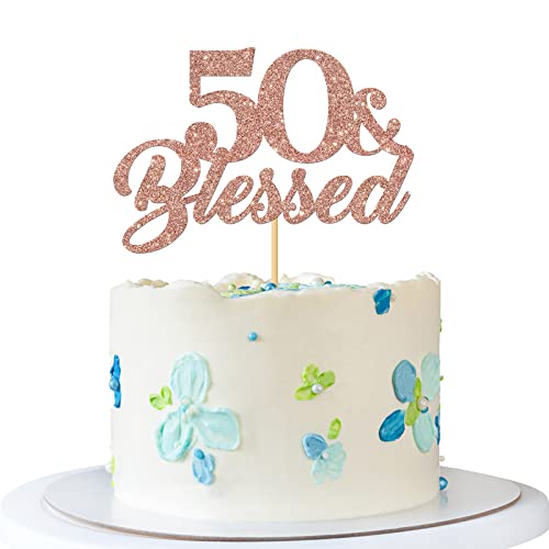 RoadSea 50 & gesegnete Kuchendekoration – Happy 50th Wedding Anniversary Cake Supplies – 50th Birthday Party Dekorationen – Roségold Glitter von RoadSea