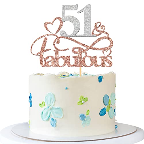 RoadSea 51 & Fabulous Cake Topper – Damen Herren 51 Jahre alt Geburtstag Kuchenzubehör – Happy 51st Birthday Anniversary Party Dekorationen – Roségold & Silber Glitter (51) von RoadSea