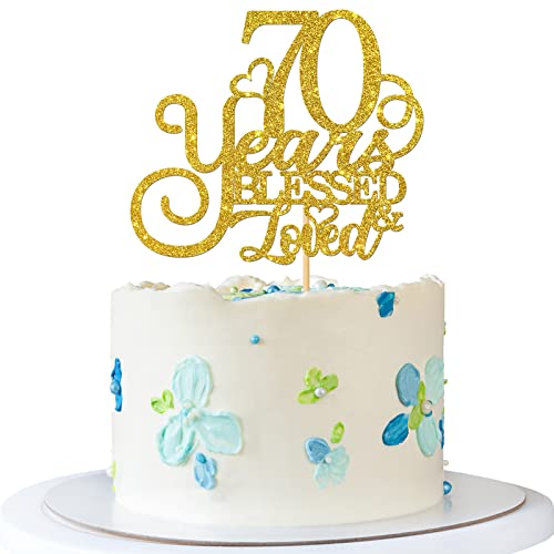 RoadSea 70 Years Blessed & Love Tortenaufsatz – Damen Herren 70. Geburtstag Kuchenzubehör – 70. Hochzeitstag Party Dekorationen – Gold Glitzer (70) von RoadSea