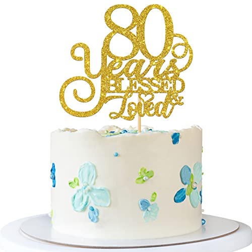 RoadSea 80 Years Blessed & Love Tortenaufsatz – Damen Herren 80. Geburtstag Kuchenzubehör – 80. Hochzeitstag Party Dekorationen – Gold Glitzer (80) von RoadSea