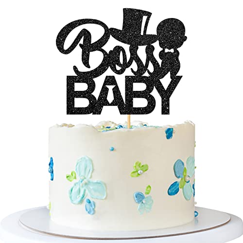 RoadSea Baby Boss Kuchendekoration – Baby Boy 1. Geburtstag Kuchendekoration – Babyparty Party Dekorationen – Schwarz Glitzer von RoadSea