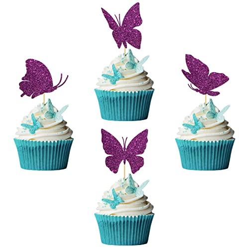 RoadSea Cupcake-Topper mit Schmetterling-Motiv – Babyparty A Little Butterfly is on Her Way Cupcake-Zubehör – Babyparty – 24 Stück lila Glitzer von RoadSea