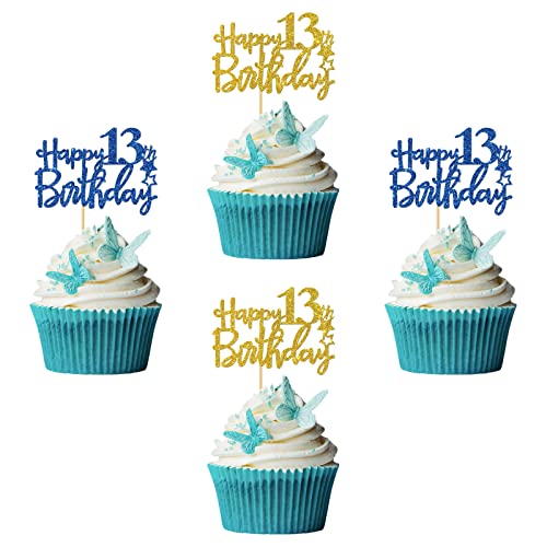 RoadSea Cupcake-Topper zum 13. Geburtstag – Teenager Junge Mädchen 13 Jahre alt Geburtstag Cupcake Zubehör – 13. Geburtstag Party Dekorationen – 24 Stück Blau & Gold Glitzer (13.) von RoadSea