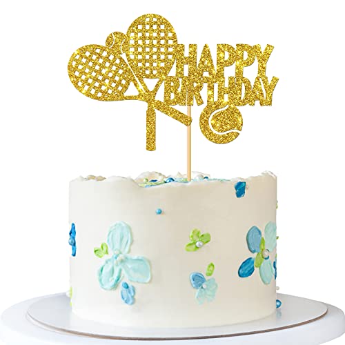 RoadSea Tennis Happy Birthday Cake Topper - Sport Thema Tennisspieler Geburtstagstorte Supplies - Tennis Enthusiast Geburtstag Party Dekorationen - Gold Glitter von RoadSea