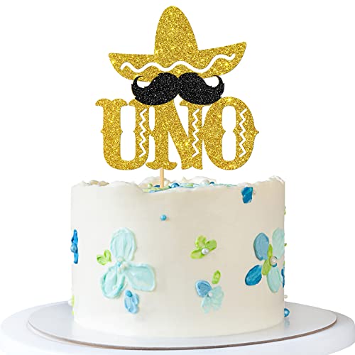 RoadSea UNO Kuchendekoration – Baby Mädchen Junge 1 Jahr alt Geburtstag Kuchenzubehör – mexikanische Fiesta Party Dekorationen – Gold Glitter von RoadSea