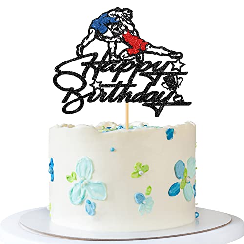 RoadSea Wrestling Happy Birthday Cake Topper – Erwachsene Junge Mädchen Geburtstag Kuchen Zubehör – Wrestling Geburtstag Party Dekorationen – Schwarz Glitzer von RoadSea