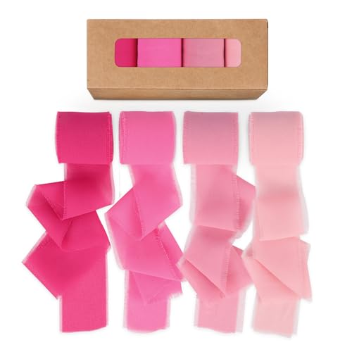 Roahosy 4 Rollen Chiffonbänder, 4 cm x 21 m, ausgefranste Fransen-Seidenbänder, Stoff, rosa Band für Geschenkverpackungen, Blumenstrauß, Einladungen, Bastelarbeiten, Hochzeits-Party-Dekorationen Roahosy 4 Rollen Chiffonbänder, 4 cm x 21 m, ausgefranste Fransen-Seidenbänder, Stoff, rosa Band für Geschenkverpackungen, Blumenstrauß, Einladungen, Bastelarbeiten, Hochzeits-Party-Dekorationen von Roahosy